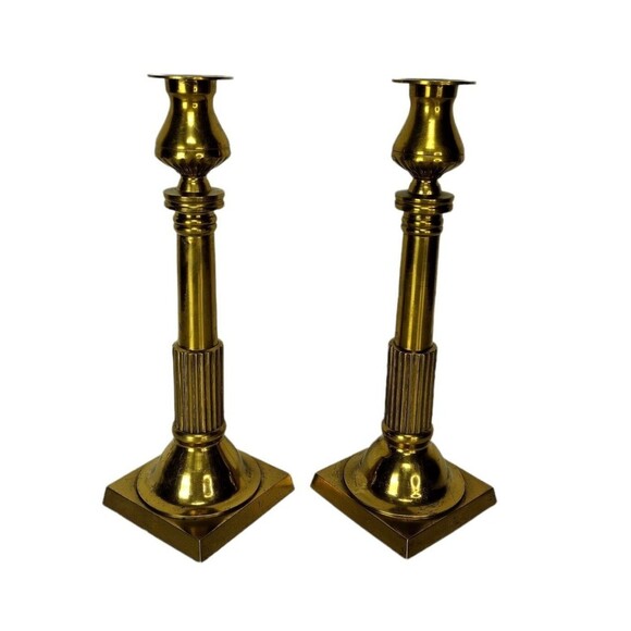 Vintage 60s 70s MCM Heavy Solid Brass Gold Tapered Candle Holders Made In Japan - Picture 6 of 12